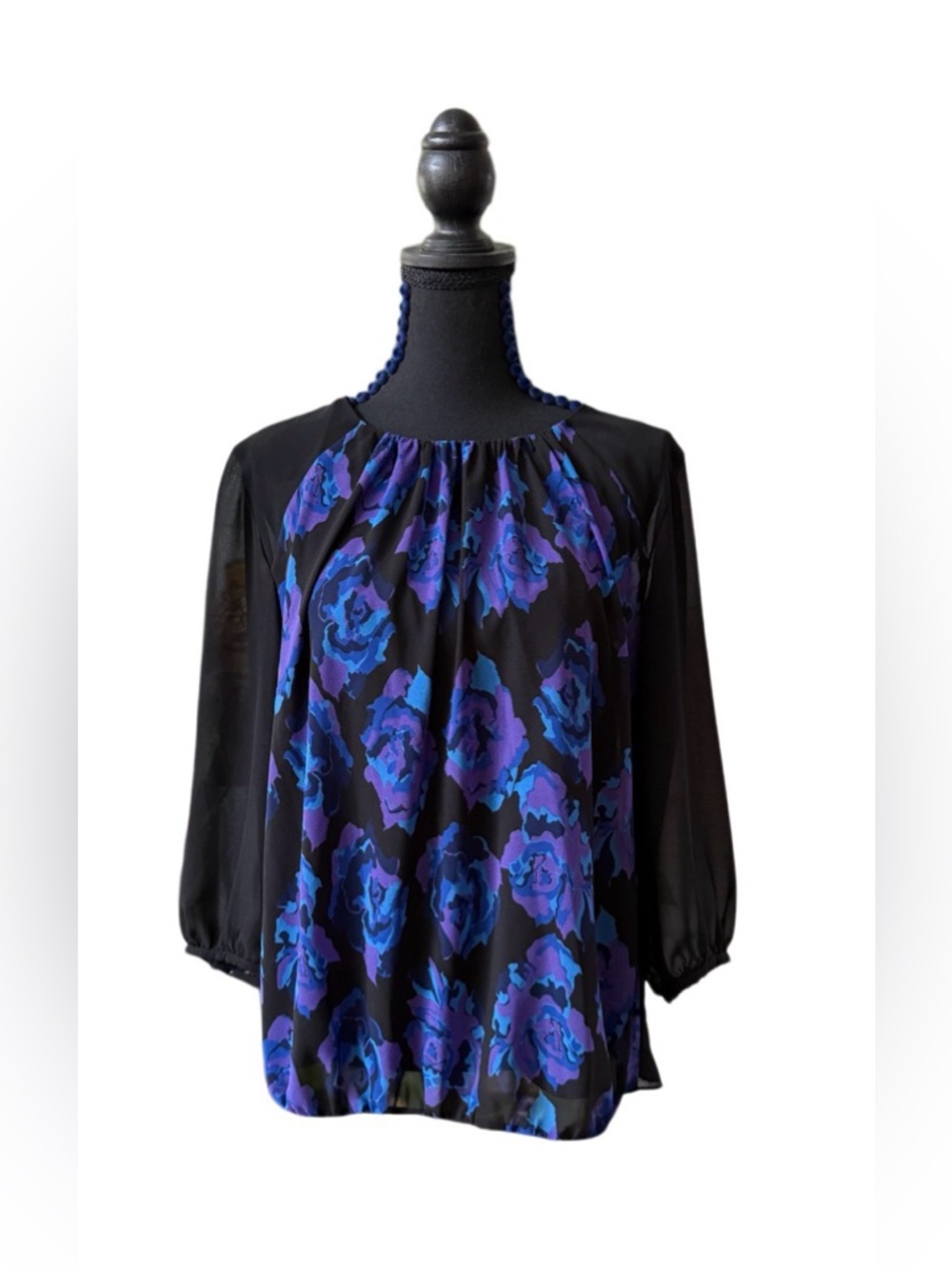 DKNYC Black Floral Blouse with Blue & Purple Roses and A Black Cami